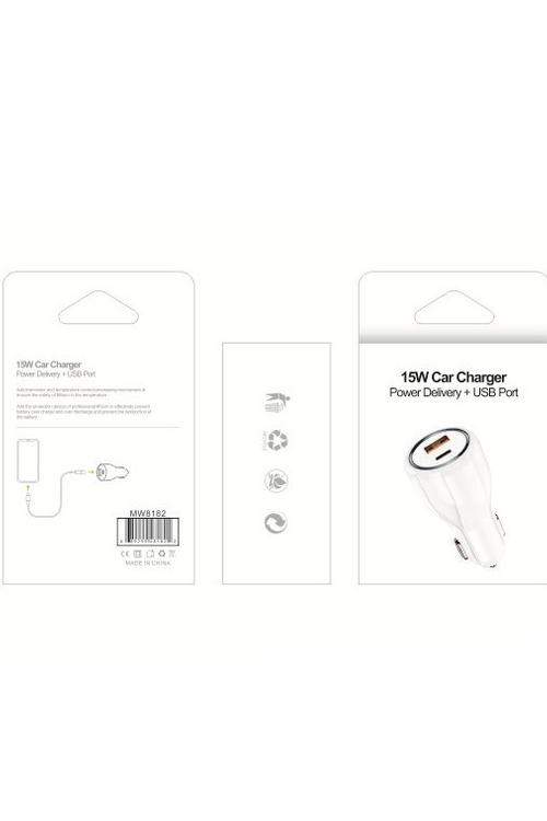 15W PD Car Charger With USB Port MW8182 WHITE