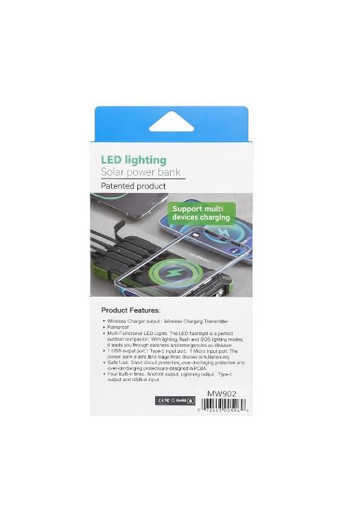 20000mAh High Capacity Waterproof Solar Power Bank with Led and 4 Built-in Cables MW902