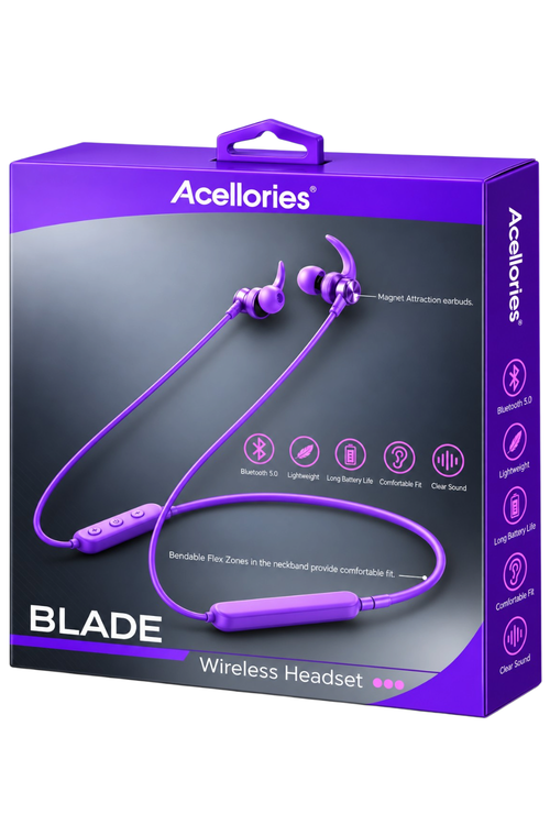 Acellories Blade Wireless Bluetooth Neckband Headset with Magnetic Earbuds Purple