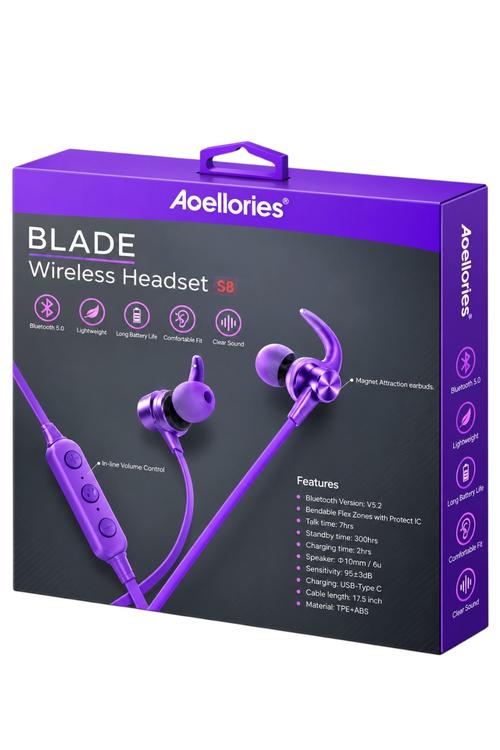 Acellories Blade Wireless Bluetooth Neckband Headset with Magnetic Earbuds Purple