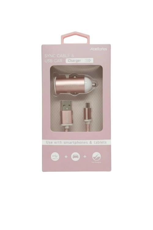 Acellories Car Combo With USB Car Charger and 6FT Micro USB Cable Rose Gold