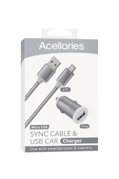 Acellories Car Combo With USB Car Charger and 6FT Micro USB Cable Silver