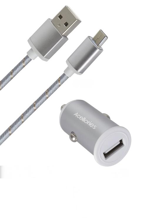 Acellories Car Combo With USB Car Charger and 6FT Micro USB Cable Silver