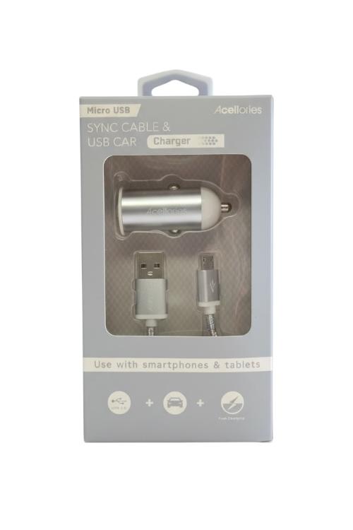 Acellories Car Combo With USB Car Charger and 6FT Micro USB Cable Silver