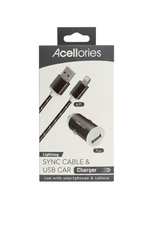 Acellories Car Combo With USB Car Charger and 6FT USB-A to Lightning Cable Black