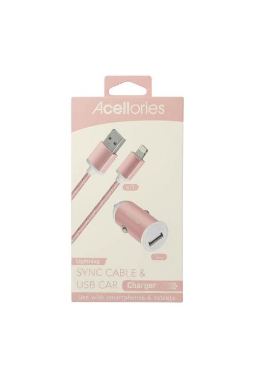 Acellories Car Combo With USB Car Charger and 6FT USB To Lightning Cable Rose Gold