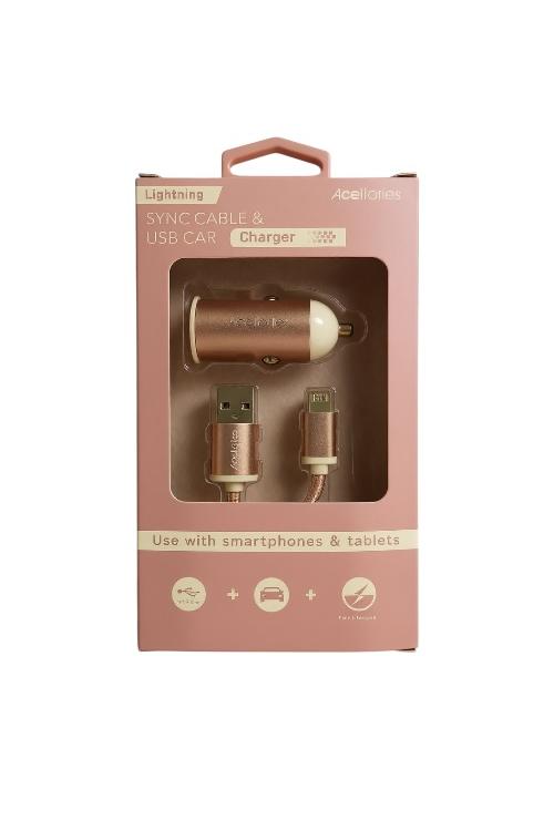 Acellories Car Combo With USB Car Charger and 6FT USB To Lightning Cable Rose Gold