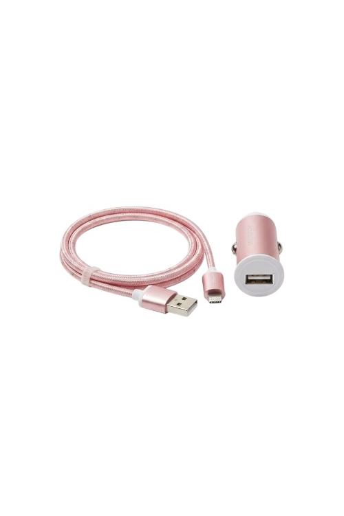 Acellories Car Combo With USB Car Charger and 6FT USB To Lightning Cable Rose Gold