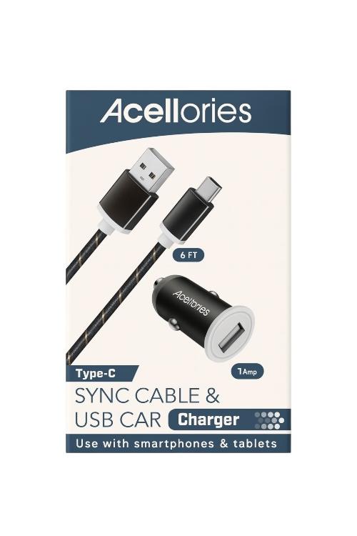 Acellories Car Combo With USB Car Charger and 6FT USB To Type-C Cable Black