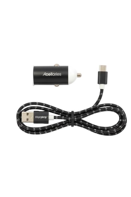 Acellories Car Combo With USB Car Charger and 6FT USB To Type-C Cable Black