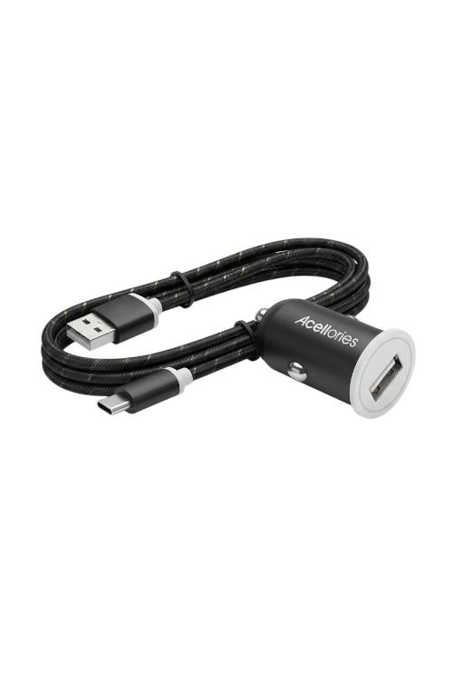 Acellories Car Combo With USB Car Charger and 6FT USB To Type-C Cable Black