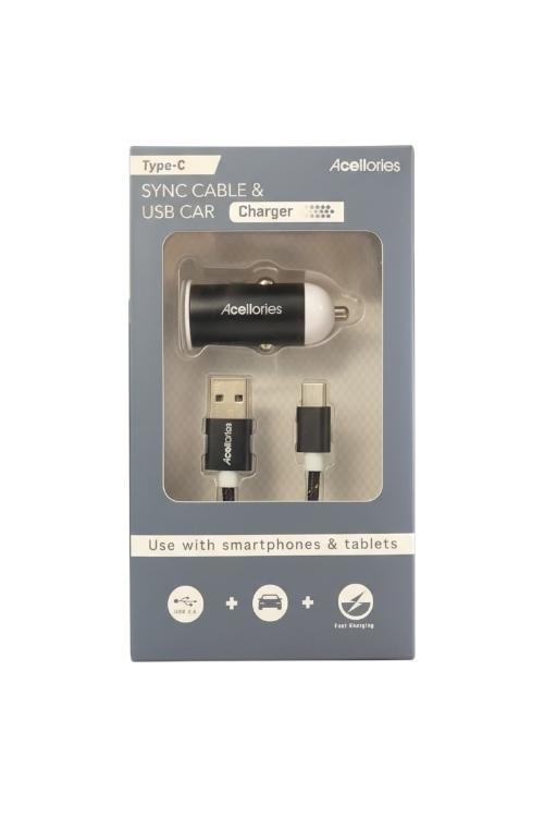 Acellories Car Combo With USB Car Charger and 6FT USB To Type-C Cable Black