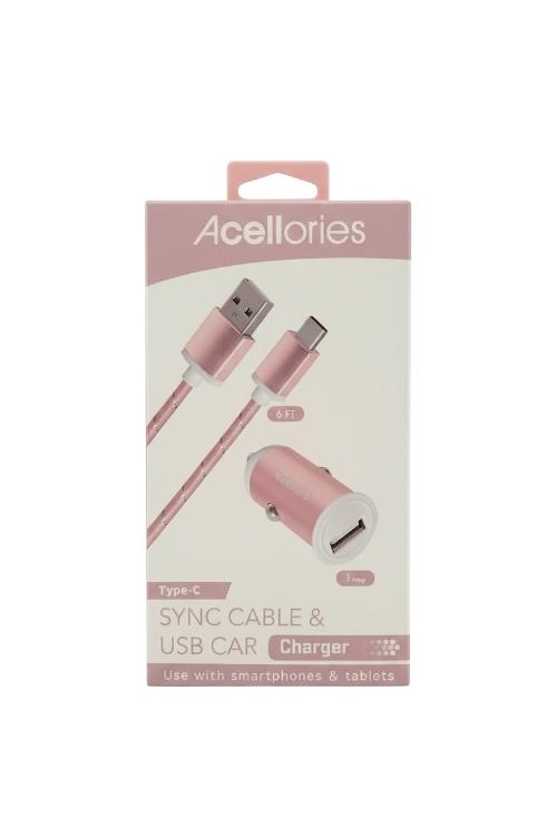 Acellories Car Combo With USB Car Charger and 6FT USB To Type-C Cable Rose Gold