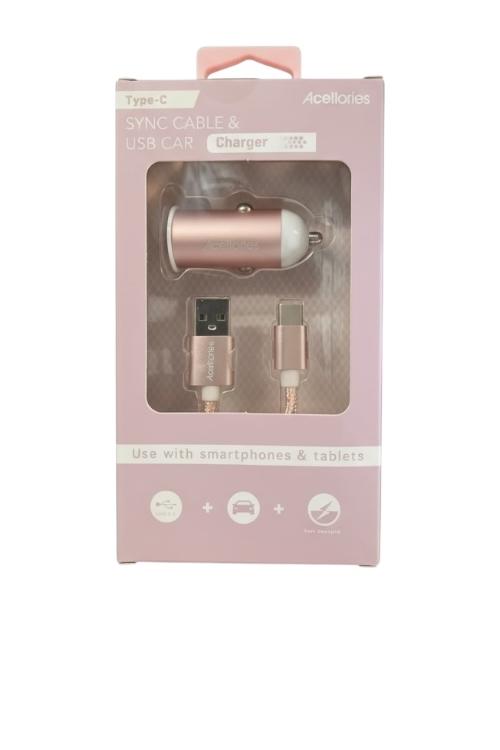 Acellories Car Combo With USB Car Charger and 6FT USB To Type-C Cable Rose Gold
