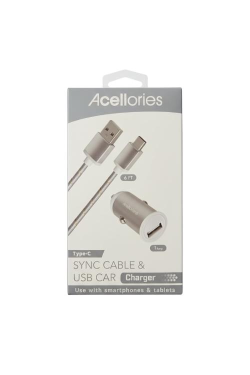 Acellories Car Combo With USB Car Charger and 6FT USB To Type-C Cable Silver