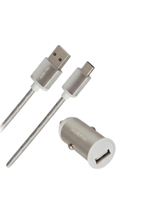 Acellories Car Combo With USB Car Charger and 6FT USB To Type-C Cable Silver