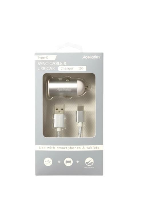 Acellories Car Combo With USB Car Charger and 6FT USB To Type-C Cable Silver