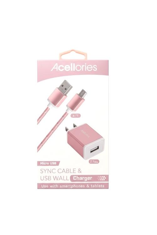 Acellories USB Wall Plug Combo With 6FT Micro USB Cable Rose Gold