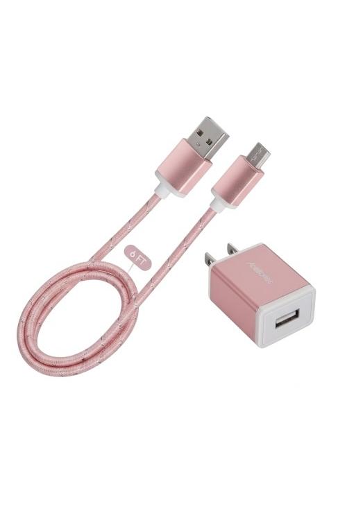 Acellories USB Wall Plug Combo With 6FT Micro USB Cable Rose Gold