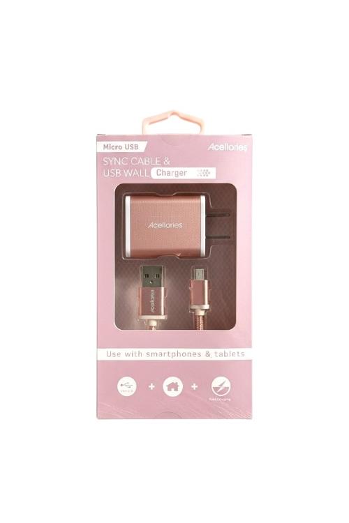 Acellories USB Wall Plug Combo With 6FT Micro USB Cable Rose Gold