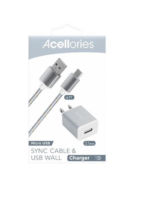 Acellories USB Wall Plug Combo With 6FT Micro USB Cable Silver