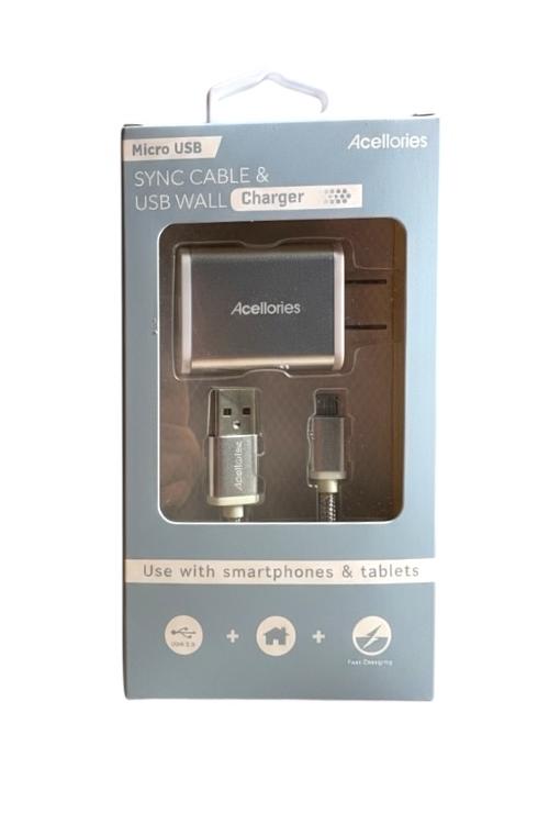 Acellories USB Wall Plug Combo With 6FT Micro USB Cable Silver