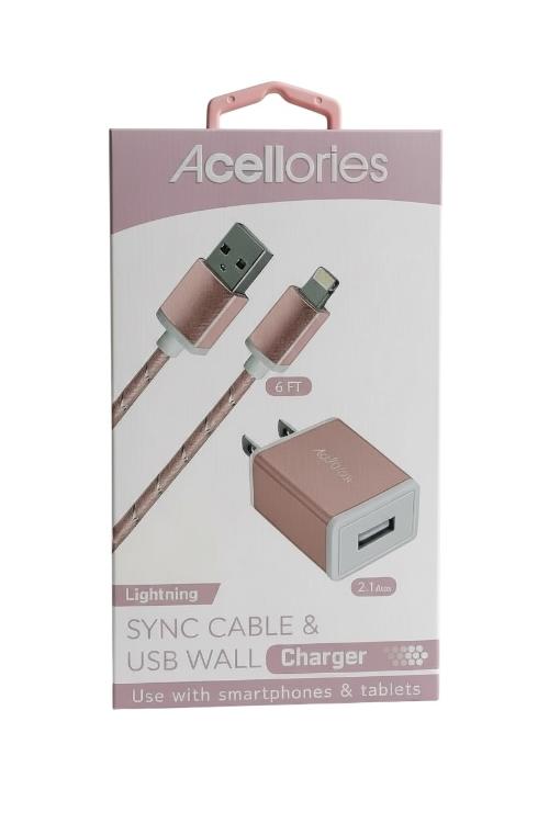 Acellories USB Wall Plug Combo With 6FT USB-A to Lightning Cable Rose Gold