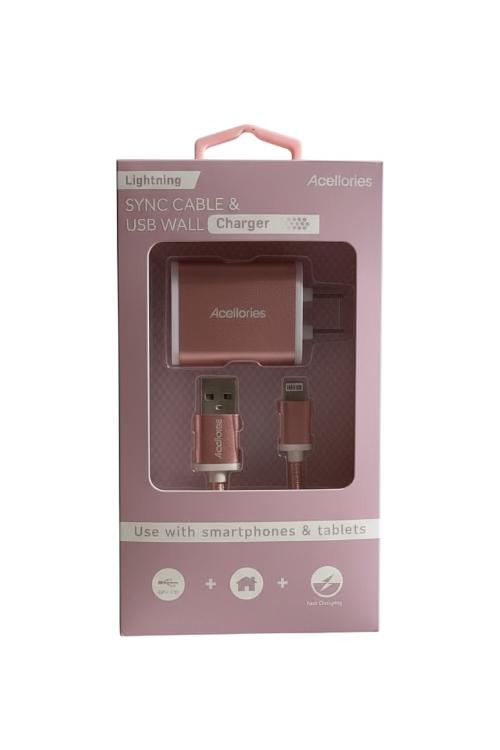 Acellories USB Wall Plug Combo With 6FT USB-A to Lightning Cable Rose Gold
