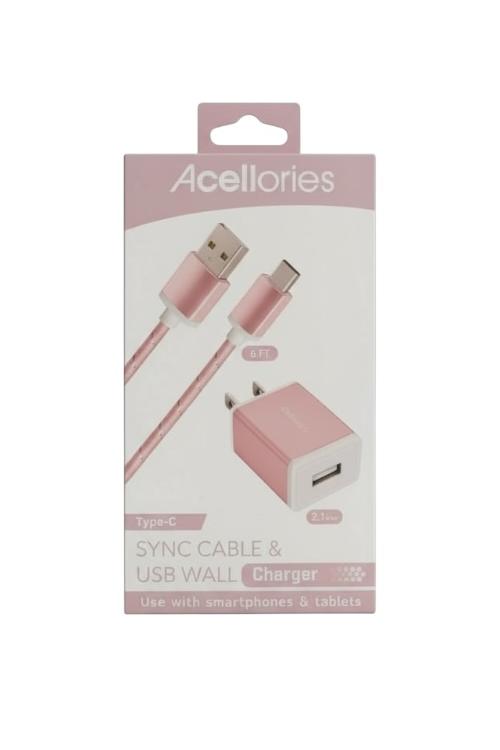 Acellories USB Wall Plug Combo With 6FT USB-A to Type-C Cable Rose Gold
