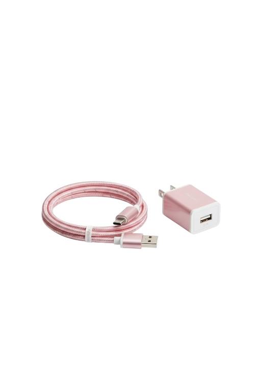 Acellories USB Wall Plug Combo With 6FT USB-A to Type-C Cable Rose Gold