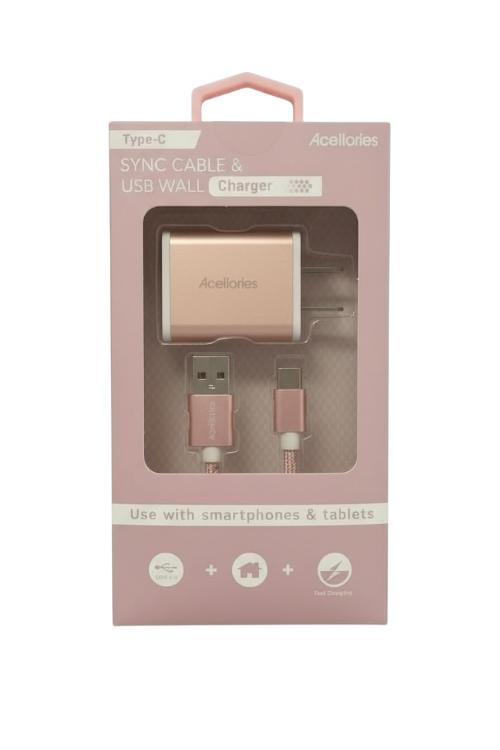Acellories USB Wall Plug Combo With 6FT USB-A to Type-C Cable Rose Gold