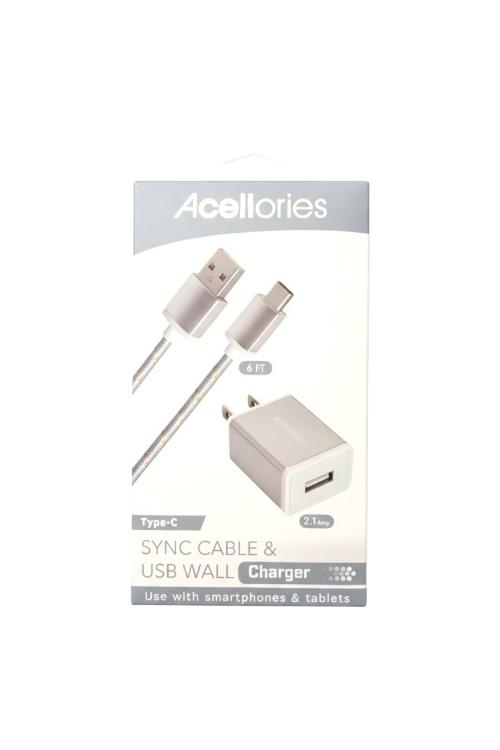 Acellories USB Wall Plug Combo With 6FT USB-A to Type-C Cable Silver