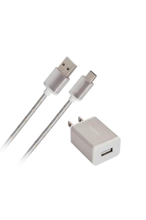 Acellories USB Wall Plug Combo With 6FT USB-A to Type-C Cable Silver