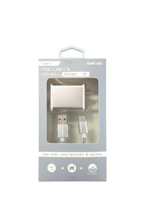 Acellories USB Wall Plug Combo With 6FT USB-A to Type-C Cable Silver