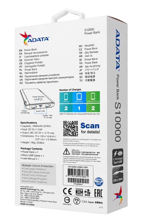 Adata Ultra-Slim 10,000mAh Dual USB Portable Charger Black AS10000CBK