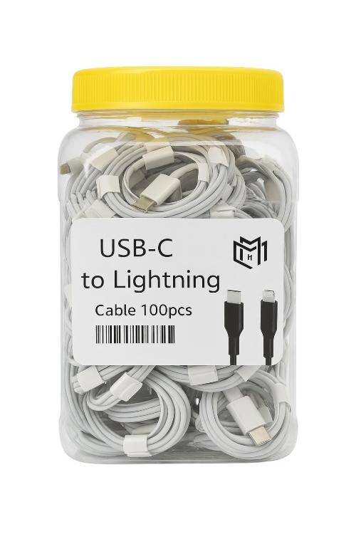 Bulk Jar 100 Pack 3FT Type-C to Lightning Charging Cable White