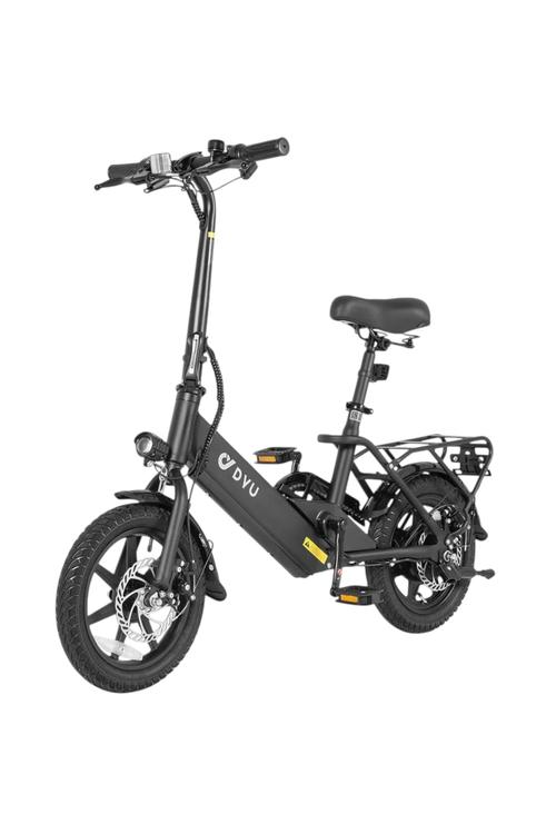 DYU Foldable Electric Bike – Compact Urban E-Bike with Adjustable Seat Disc Brakes & Rear Cargo Rack C3