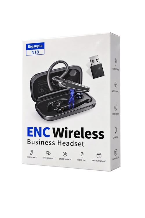 Eigsupia ENC Wireless Business Headset with Charging Case and USB Adapter, Black N18