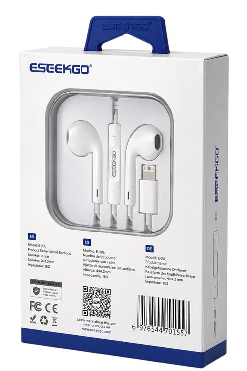 Eseekgo Lightning Stereo Wired Earbuds, HiFi Headphones with Clear Sound and Remote E20L