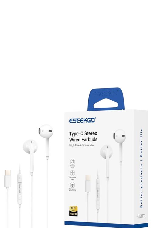 Eseekgo USB-C Wired Earphones, HiFi Audio Type-C Headphones with Built-in Microphone White E20C