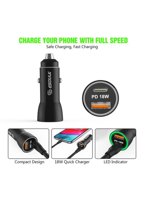 Esoulk 18W PD & USB Car Charger with PD 3 Foot Cable-EC09P-CL