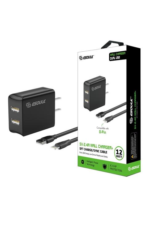 Esoulk 2.4A Dual Port Wall Charger & 5FT Iphone Cable Wholesale-EC44P-IP