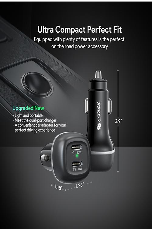 Esoulk 60W PD Dual USB-C Car Charging Plug EK2004BK