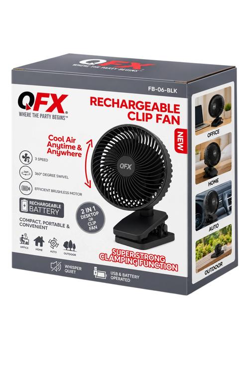 QFX Rechargeable 2in1 Clip and Desk Fan, Black FB06BLK