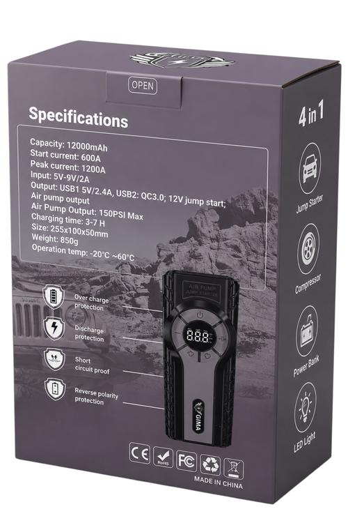 Gima 4in1 Portable Car Jump Starter, Tire Inflator, Power Bank and LED Work Light