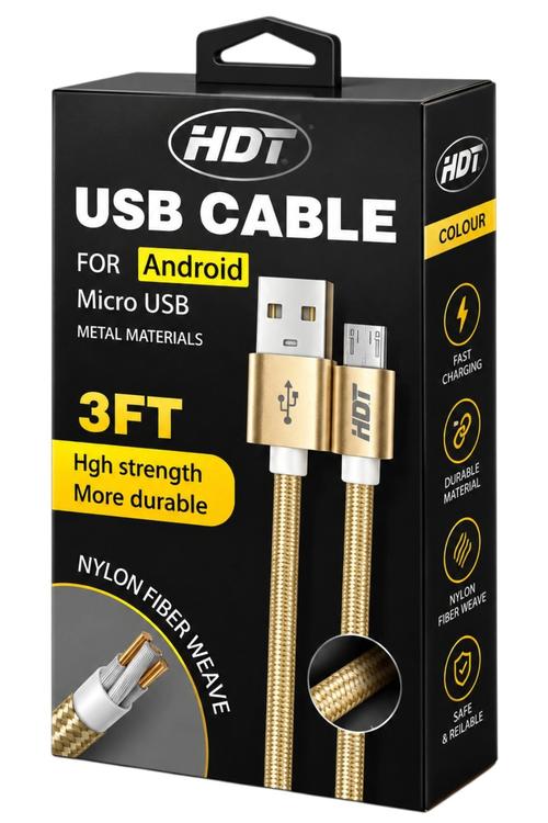 HDT 3FT Braided Micro USB Charging Cable Gold