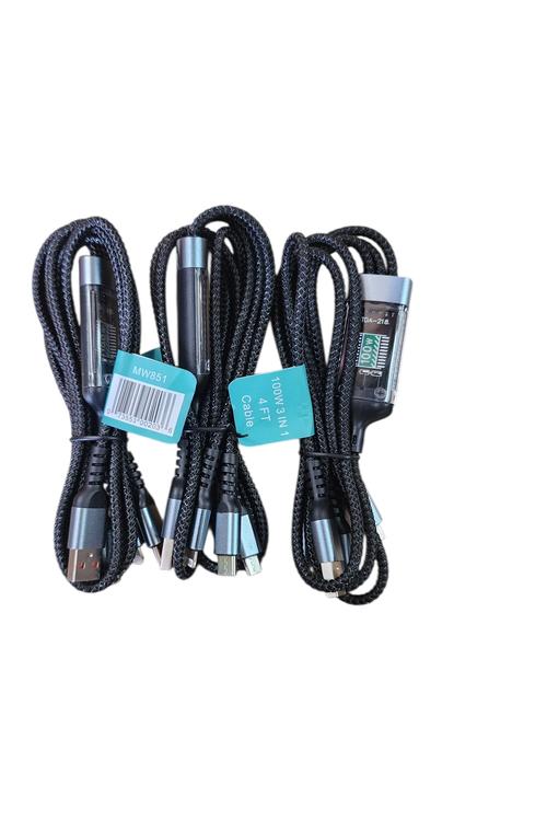 High Quality 100W 3in1 Cable with Type-C, Iphone, And V9 MW851