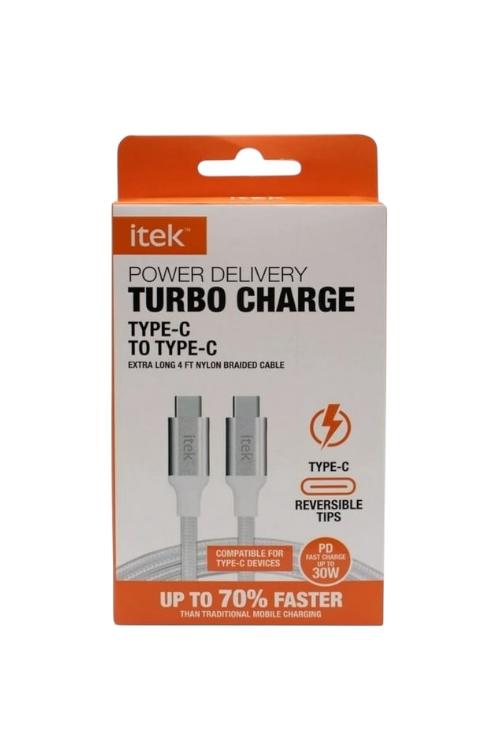 Itek 4FT Turbo Charge Type-C to Type-C Nylon Braided Cable White TCCC