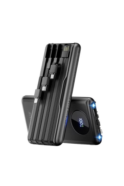 Joyfar 10000mAh Portable Power Bank with Built-In 4 Charging Cables Black B0D7W364J8