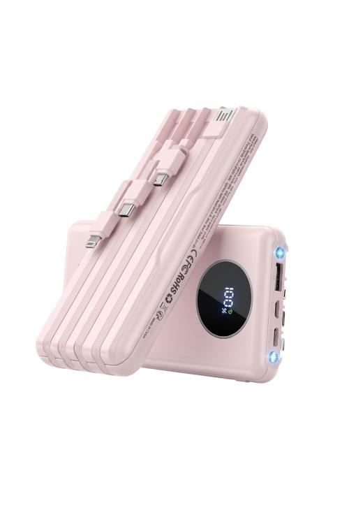 Joyfar 10000mAh Portable Power Bank with Built-In 4 Charging Cables Pink B0DDCDQ9JG